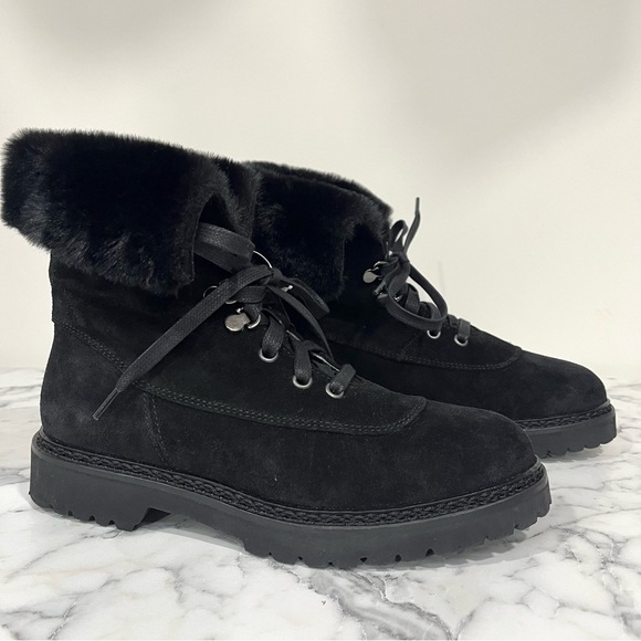Aquatalia Marly Weatherproof Black Suede Bootie Ankle Boots Faux Fur Size 6.5 - Picture 1 of 15